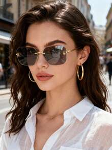 1pc Fashionable Square Frameless Retro Street Style Women Glasses, Suitable For Autumn And Winter Women's Family Outings, Travels, Beaches, Music Festivals, And Daily Clothing Accessories - Dark Grey - View 3