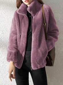Women Fluffy Casual Solid Color Double-Sided Velvet Drawstring Stand Up Collar Jacket, Autumn/Winter