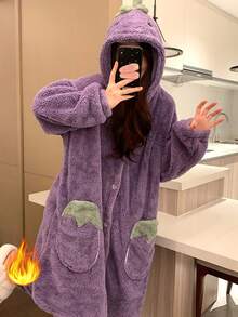 Bata de mujer de felpa morada en forma de berenjena, cálida bata con capucha de felpa morada para mujer, bata de felpa coral con diseño de berenjena, diseño de dibujos animados lindo, bata de invierno gruesa con bolsillos, diseño juguetón, material esponjoso, bata para adultos, perfecta para comodidad en el hogar y días festivos, ropa de dormir festiva, una bata cálida imprescindible para el invierno y la primavera, regalo de invierno, para Año Nuevo, regalos del Día de San Valentín - Multicolor - Ver 16