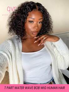QVR QUEEN VIRGIN REMY QVR T Part Curly Bob Lace Front Wig Human Hair Middle Part Jerry Curly Bob Lace Wigs Pre Plucked With Baby Hair Water Wave Bob Lace Wig - Black - View 3