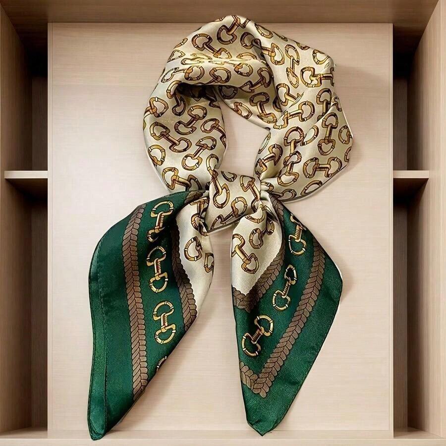 Women's Elegant Style Gold Button Printed Square Breathable Scarf - Green - View 1