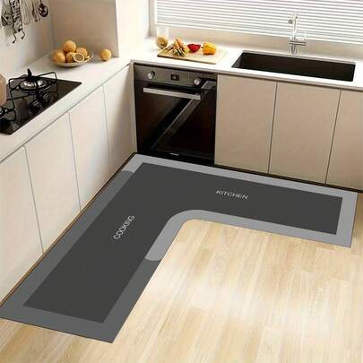 L-Shaped Kitchen Rug With Non-Slip Backing - Super Absorbent Microfiber Floor Mat For Kitchen Bathroom Laundry Room, Machine Washable Soft Comfort Mat For Wet Areas And High Traffic Use