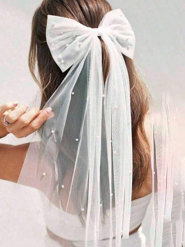 1pc White Bride Birdcage Veil, Faux Pearl Mesh Veil, Simple Style For Wedding Registration, Short Veil For Party, Faux Pearl Hairclip, Wedding Dress Accessory, Simple Design Veil Hair Clip Valentine's Day Valentines-Halloween,Christmas,Fall,Winter, Supplies,