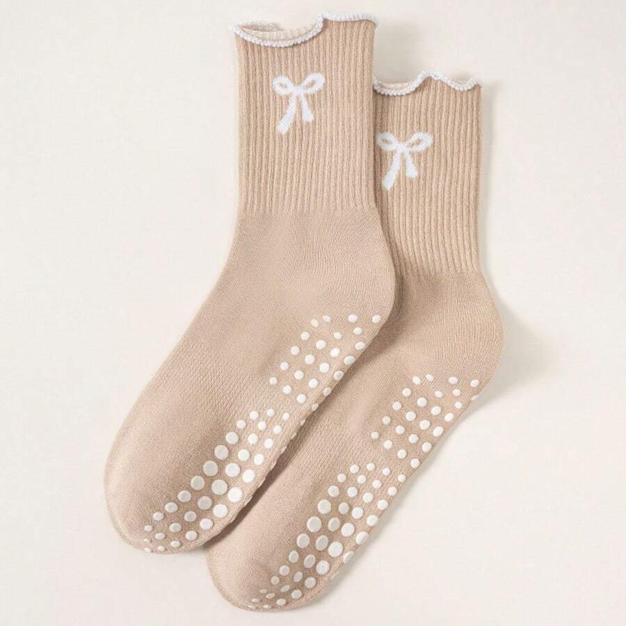 女士防滑瑜伽袜 - 可爱纯色中筒运动袜,饰有蝴蝶结,透气舒适,适合普拉提、健身、舞蹈、户外活动 - 四季皆宜的礼物之选 - 彩色 - 查看 1