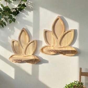 1pc/2pcs Wood For Lotus Flower Wall Shelf - Bohemian Floating Shelf With Curved Leaf Design, Radiating Pine Wood, Wall-Mounted Storage For Living Room, Bedroom, Bathroom, Meditation Space - Space-Saving Decorative Organizer