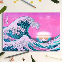 [2D Flat] 1pc Frameless Vaporwave Aesthetic Great Wave Off Kanagawa Canvas Print - Retro Sunset Wall Art, 12x18 Inch, Waterproof Decor, Ideal Gift For Home Or Office, Office Decor|Vintage - 彩色 - 查看 1