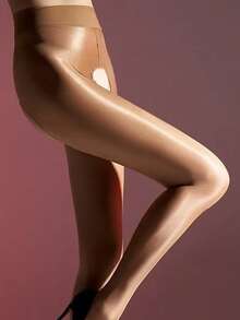 女士春秋季亮面丝袜（1双装） - 性感马油防滑超薄开裆连裤袜 - 咖色 - 查看 6
