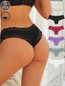 5 件装女士纯色舒适蕾丝边棉质三角裤 - 彩色 - 查看 7