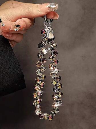 1pc Luxury High-End Crystal Beads Hand Wrist Chain, Exquisite Short Mobile Phone Case Lanyard, Stylish Keychain & Bag Amber Pendant, Durable & Portable Outdoor Travel Shopping Smartphone Anti-Lost Bracelet For Women