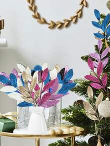 8pcs Christmas Wedding Decor Sparkling Golden Powder Artificial 6-Leaf Olive Leaves, Indoor Home Christmas Tree Wreath Decor, Photography Props, Winter Party, Christmas Decoration,Christmas