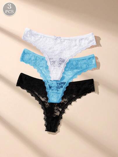 3pcs/Pack Women's Solid Color Sexy Lace Patchwork Thong Panties With Cute Bow, Seamless Stretchy Breathable Ladies Underwear