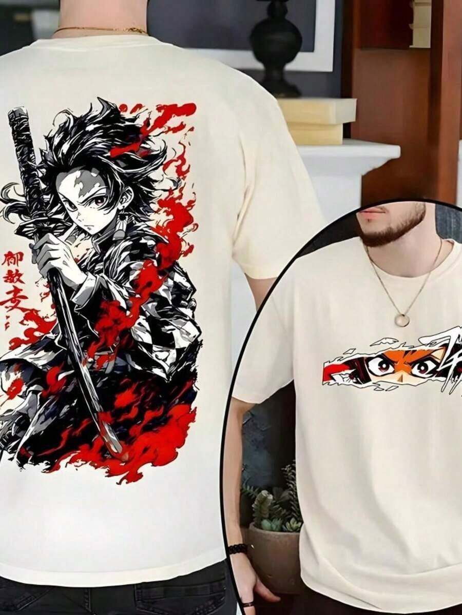 Cotton Men's T-Shirts, Double-Sided Printed Anime T-Shirts, Character Shirts, Anime Fan Gifts, Knitted Pullover T-Shirts, Comic-Style Anime Pattern T-Shirts, Casual Men's Clothing, Street Style Fashion | Exquisite Design | Loose And Comfortable | Easy To Match | - 杏色 - 查看 1