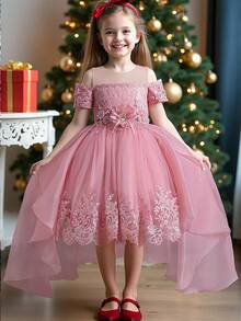 Vestido de princesa elegante con decoración de encaje y tul para niñas pequeñas, adecuado para concursos de belleza, niña de las flores, bodas, sin diadema - Rosa vieja - Ver 4