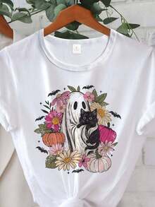 Camiseta Elegante de Manga Corta para Dama - Estampado Floral y Murciélago con Gato , Cuello Redondo en Colores Pastel Suave Rosa Verde. Lavable a máquina. ¡Ideal como Outfit Casual o Halloween! - Blanco - Ver 2