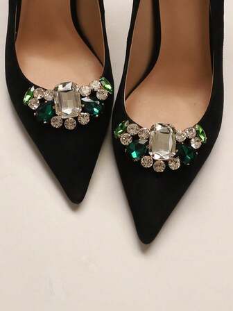 2pcs Olive Green Rhinestone Crystal Hollow Buckle Clips, Princess Style Fashionable Accessories, Suitable For High Heels And Clothing