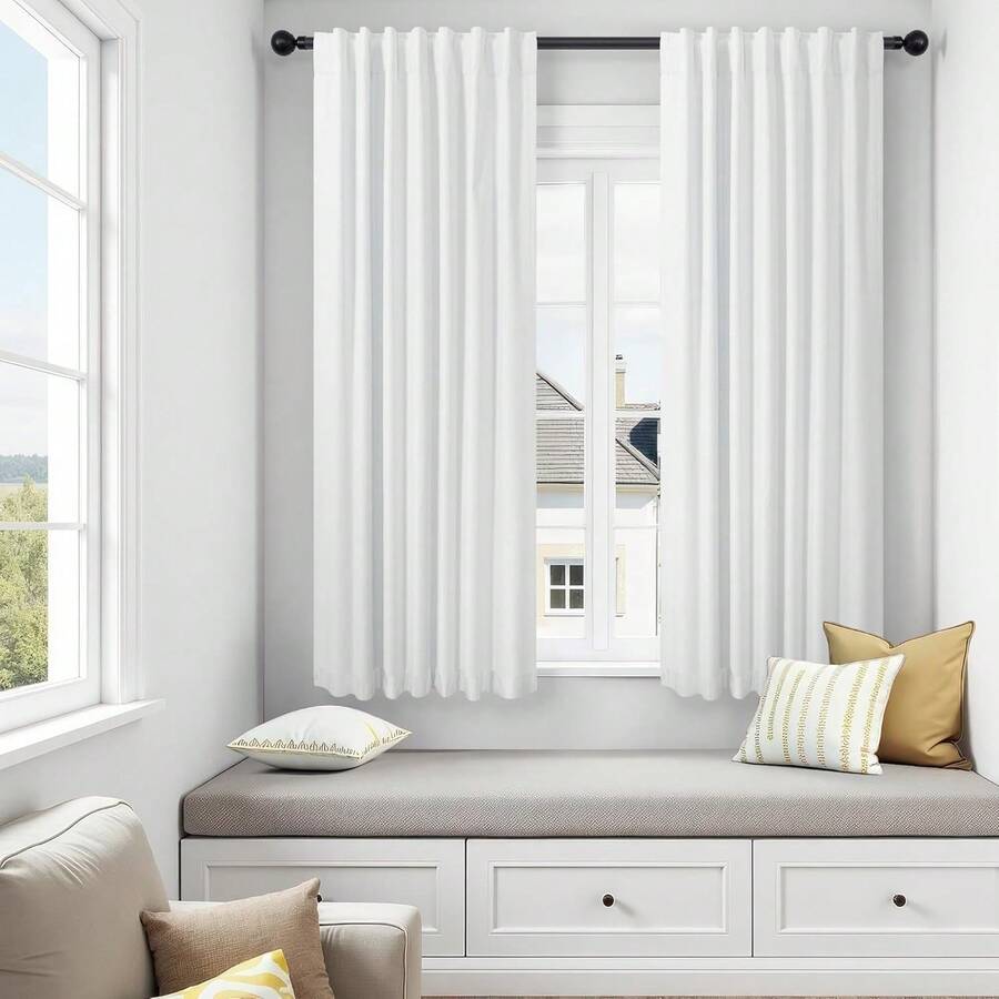 2 paneles de cortinas opacas de lino color crema de 84 pulgadas de largo, aislamiento térmico y bloqueo de luz, estilo rústico y de granja, blanco marfil, 2025 - Blanco - Ver 1