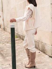 Áo vest không tay cổ tròn bằng vải lông Mohair mềm mại màu trơn dành cho nữ, thích hợp cho kỳ nghỉ vào mùa thu và mùa đông - Màu be - Xem 6