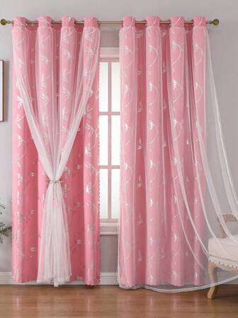 1 pieza Cortina opaca con estampado floral dorado de doble capa de tela con un hilo, hecha de material de poliéster, con diseño perforado, fácil de colgar, adecuada para la decoración de la sala de estar, dormitorio, oficina, estudio, granja rural, villa y el hogar.