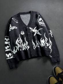 Unisex Retro Dark Style Patterned Long Sleeve Button-Up Knit Cardigan Sweater, Suitable For Spring, Autumn, Winter, European And Asian Fashion