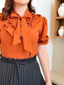 SHORT SLEEVE PUFFED DRESS TOP WITH RUFFLE AND BOW, WOMEN'S FASHION - Burnt Orange - View 3