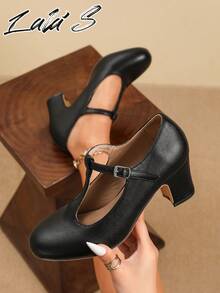 Damen T-Riemen Pumps mit Hohldesign und rundem Spitzenschuh, Klobiger Absatz, Elegante Mode, geeignet für Party/Hochzeit/Weihnachten/Büro/Frühling-Herbst/Geschäft/Urlaub, Schwarze High Heels, Sommer (Hinweis: Die Schuhe fallen etwas groß aus, Kunden mit schmalen/dünnen Füßen sollten 0,5 Größen kleiner bestellen oder die Größentabelle vor dem Kauf prüfen)