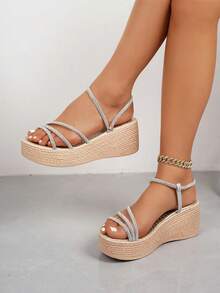 Women's Spring/Summer Wedge Sandals, Bohemian Style Rhinestone Strap, Adjustable Ankle Strap, Casual Beach Vacation Party Wedge Sandals - Silver - View 2