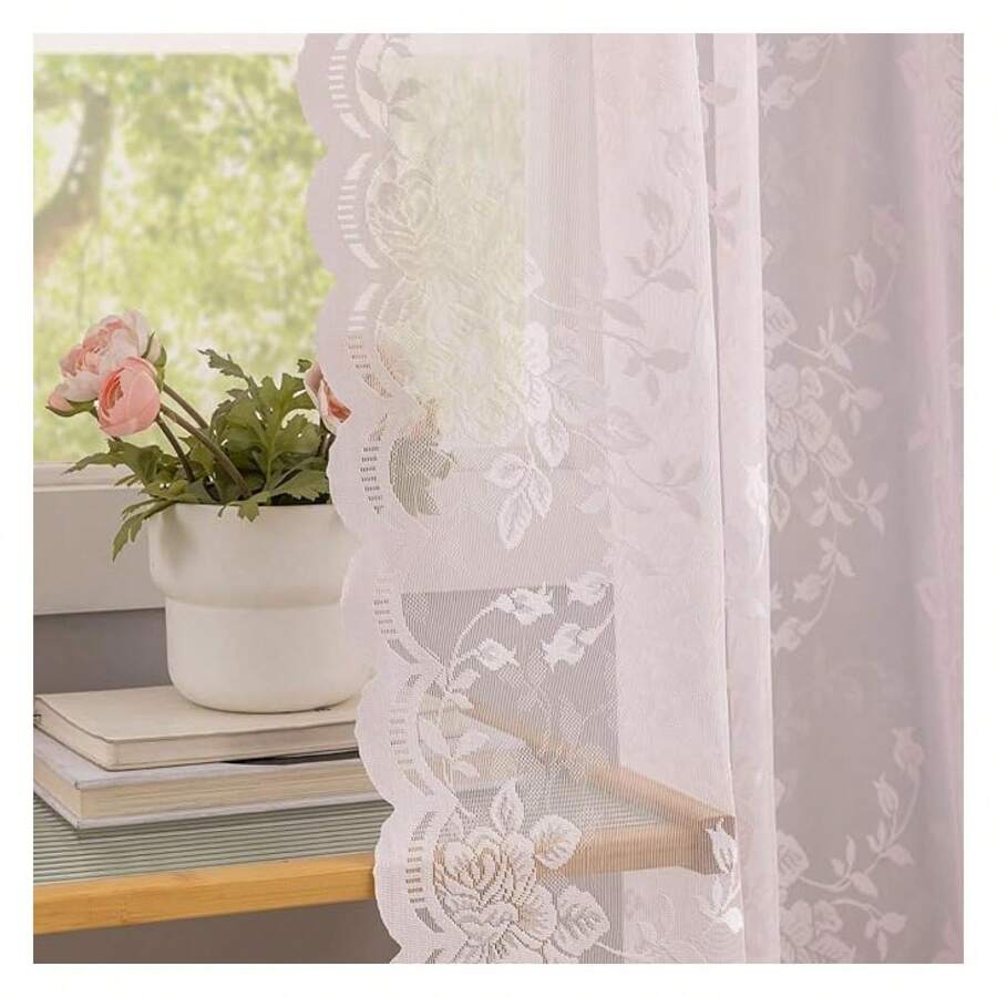 Pink Lace Curtains 84 Inches Long 2 Panels Shabby ChicFloral Voile Sheer Panels With Scalloped Edges For Girl Bedroom Cute Pricess Room Decor 52" W X 84" L Light Pink - 多色645 - 查看 1