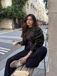 Áo khoác da ngắn màu đen cổ ve áo phong cách retro Mỹ Manneqi dành cho nữ, thích hợp mặc mùa xuân. - màu đen - Xem 3