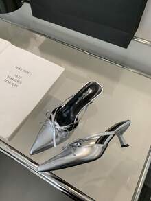 法式尖头中跟高跟鞋，蝴蝶结绑带穆勒鞋，时尚细带露跟凉鞋，适合春秋季节穿着，猫跟鞋 - 銀色 - 查看 13