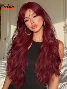 28 Inch Red Color Long Curly Wavy Wig With Curtain Bangs Synthetic Heat Resistant Wig With Bangs Women Wigs For Daily Wear Costume Wigs Cosplay Party Gifts Christmas Winter Fashion Wigs - 中紫紅色 - 查看 12