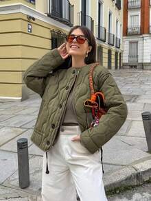 Jaqueta Acolchoada Acolchoada Feminina, Ajuste Folgado, Casual, Zíper na Frente, Gola Redonda com Bolsos, Casaco de Outono e Inverno