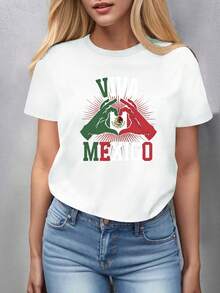 Camiseta Gráfica Patriótica Para Mujer "VIVA MÉXICO" - Blanca Con Diseño Verde Y Rojo, Manga Corta, Estilo Casual, Perfecta Para Celebraciones Del Día De La Independencia, Camiseta Mexicana, Ropa De Camping, Camiseta De Ciervo Para Mujer, Balonmano Femenino, Top Rojo Para Concierto, Camiseta Para Mujer, Recuerdo Checo - blanco - Ver 1