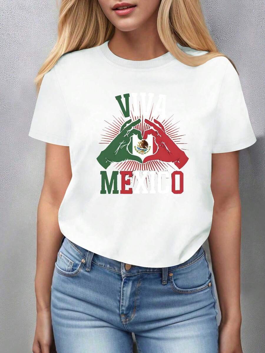 Camiseta Gráfica Patriótica Para Mujer "VIVA MÉXICO" - Blanca Con Diseño Verde Y Rojo, Manga Corta, Estilo Casual, Perfecta Para Celebraciones Del Día De La Independencia, Camiseta Mexicana, Ropa De Camping, Camiseta De Ciervo Para Mujer, Balonmano Femenino, Top Rojo Para Concierto, Camiseta Para Mujer, Recuerdo Checo - blanco - Ver 1