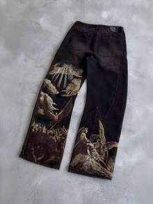 2025 Unisex Harajuku Retro Jeans, Bat Print Y2K Loose Slouchy Streetwear Casual Straight Pants - 黑色 - 查看 1