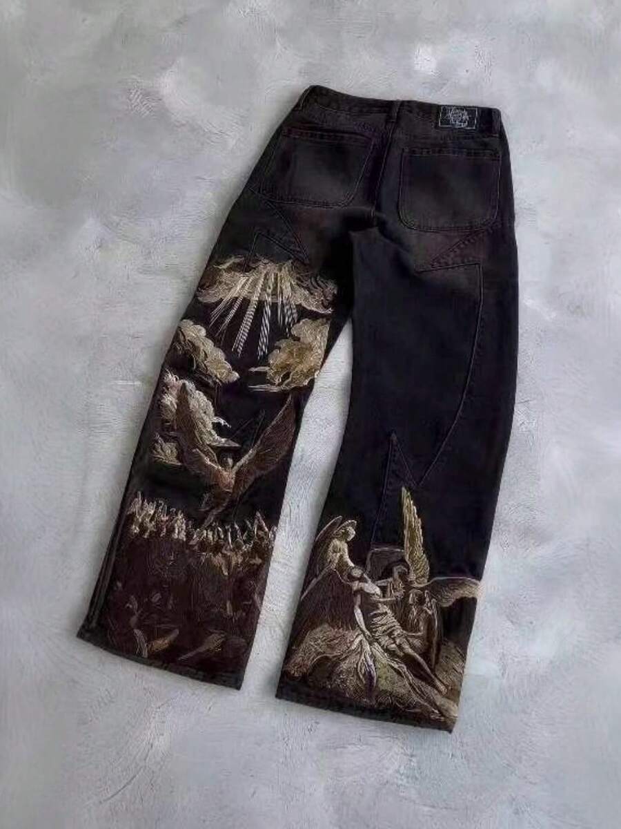 2025 Unisex Harajuku Retro Jeans, Bat Print Y2K Loose Slouchy Streetwear Casual Straight Pants - 黑色 - 查看 1