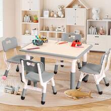 Conjunto de mesa y 4 sillas para niños, escritorio con altura ajustable para edades de 2 a 8 años, mesa para arte y manualidades, escritorio con grafiti, patas antideslizantes, capacidad máxima de 300 lbs, mesa multiactividades infantil para aulas, guarderías y hogar. - Gris - Ver 1