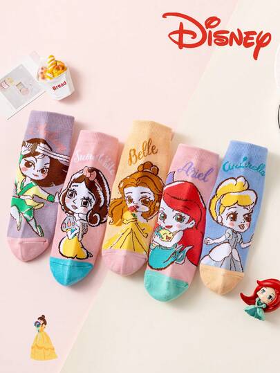 Disney 10/5 双公主可爱女童袜，艾莎、美人鱼图案，中筒袜，韩版卡通，男童冬季透气婴儿/学生短袜，圣诞礼物