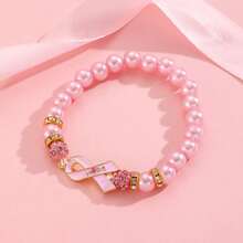 1pc Pink Ribbon Breast Cancer Awareness Faux Pearl & Rhinestone Beaded Bracelet, Suitable For Daily Wear Or Holiday Gift - Kiểu G-556 - Xem 3