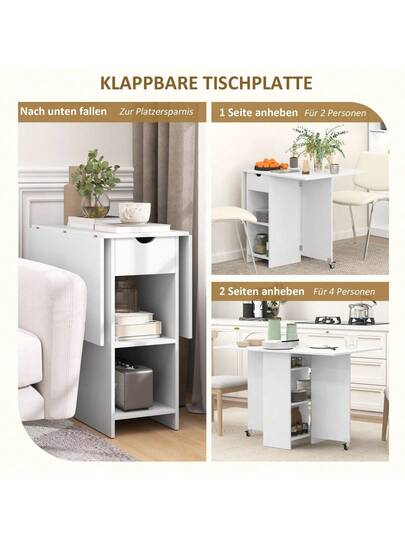 HOMCOM Folding Dining Table, Mobile Kitchen Tafel People Open Shelves, Drawer, Small Spaces, 114.5 70 75, Wit view 2