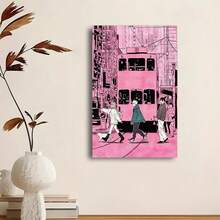 Framed-Chic Pink Cartoon Cross Street Canvas Art Print - Decorate The Walls Of Living Rooms, Bedrooms And Home Offices - 框架 - 查看 3