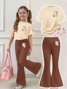 Toddler Girls' Cartoon Print Short Sleeve Top And Skinny Flared Pants Set - Apricot - View 2
