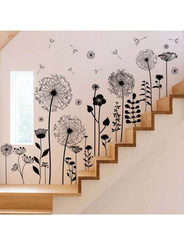 Vinilos adhesivos de diente de león negro - Vinilos florales modernos para dormitorios, salas de estar, entradas y porches