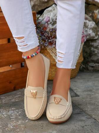 Women's Versatile, New Comfortable Soft-Sole Flats, Suitable For Outdoor, Home, Office, Vacation Wear, Bohemian, Elegant, Animal Pattern Metal Decor, Fashionable Casual Loafers