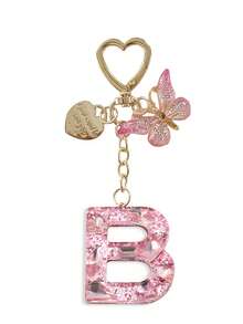 1pc Shiny Pink Rhinestone 26 Alphabet Letter Keychain, With Heart Tag Butterfly Metal Heart Charm Pendant, Creative Fashion Women Backpack Decor, Party Gathering Stylish Gift, Anniversary, Valentine's Day, Christmas Gift For Friends, Family, Teachers Bag Charms Car Accessories Sister Gift Ideas