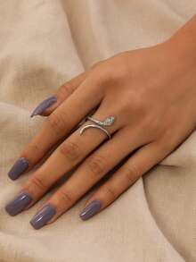 Nooxian 1件可调节开口戒指，镶嵌微镶锆石绿色蛇眼饰品，女士款 - 銀色 - 查看 3