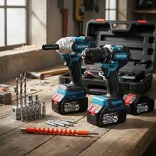 Kit Taladro Impacto Y Llave Inalámbrico Sin Cepillo 2 Pilas,Destornillador Electrico kit Taladro inalambrico Herramientas electricas perforacion - Azul - Ver 1