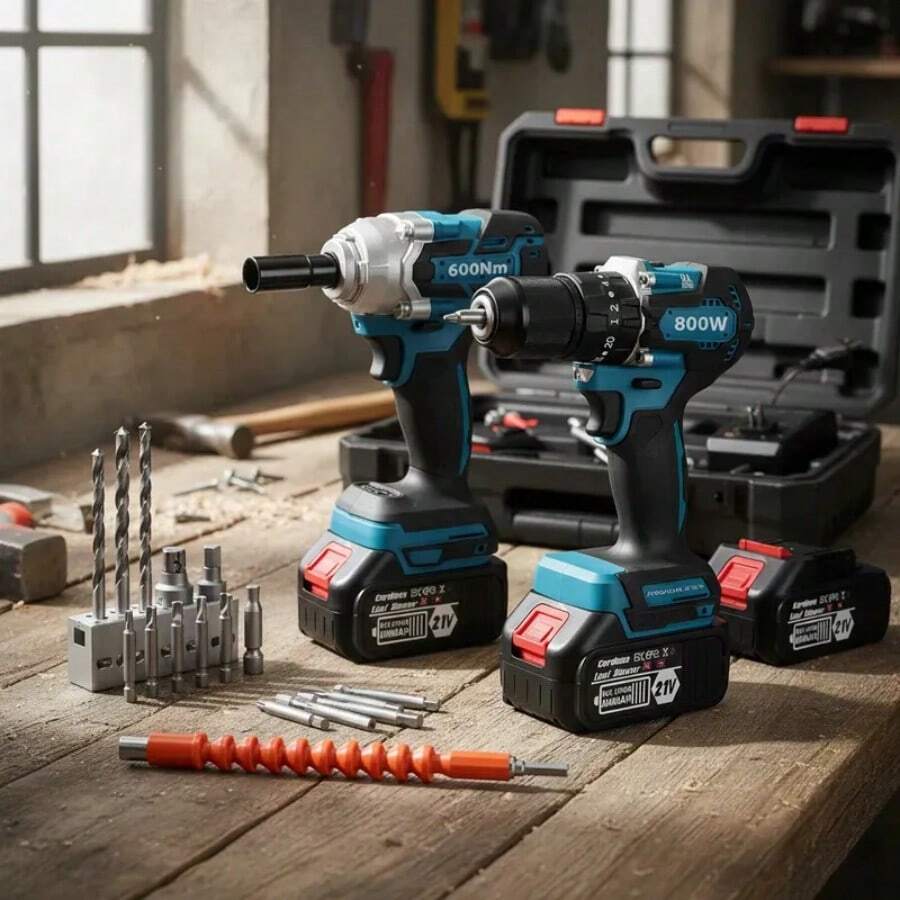 Kit Taladro Impacto Y Llave Inalámbrico Sin Cepillo 2 Pilas,Destornillador Electrico kit Taladro inalambrico Herramientas electricas perforacion - Azul - Ver 1