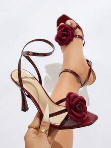 女士高跟鞋，饰有3D红色玫瑰，方头细高跟，采用优质镜面材质，度假风，适合春夏派对和活动，酒红色时尚高跟凉鞋 - 酒紅色 - 查看 3