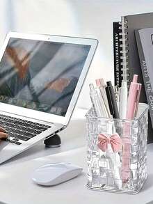 1 pieza Caja de almacenamiento de escritorio transparente con lazo decorativo rosa, soporte para bolígrafos y compartimentos, adecuada para útiles escolares, oficina, dormitorio, cosméticos, cuidado de la piel, artículos de oficina, decoración de habitaciones, bolsas, bolsas de maquillaje, tocador, viaje, estuche de maquillaje, artículos de viaje, caja de almacenamiento, organización, artículos de viaje necesarios, caja de almacenamiento de cosméticos - Multicolor - Ver 6