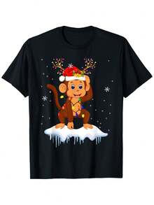 Camiseta de Navidad para niños y niñas con diseño de Santa, reno y mono - Camiseta negra festiva con gorro de Santa, camisa de algodón suave y transpirable para uso diario o fiesta de Navidad - Regalo gráfico divertido de Santa, reno y mono, ropa festiva, diseño juguetón, ajuste cómodo, top casual, moda - Negro - Ver 10